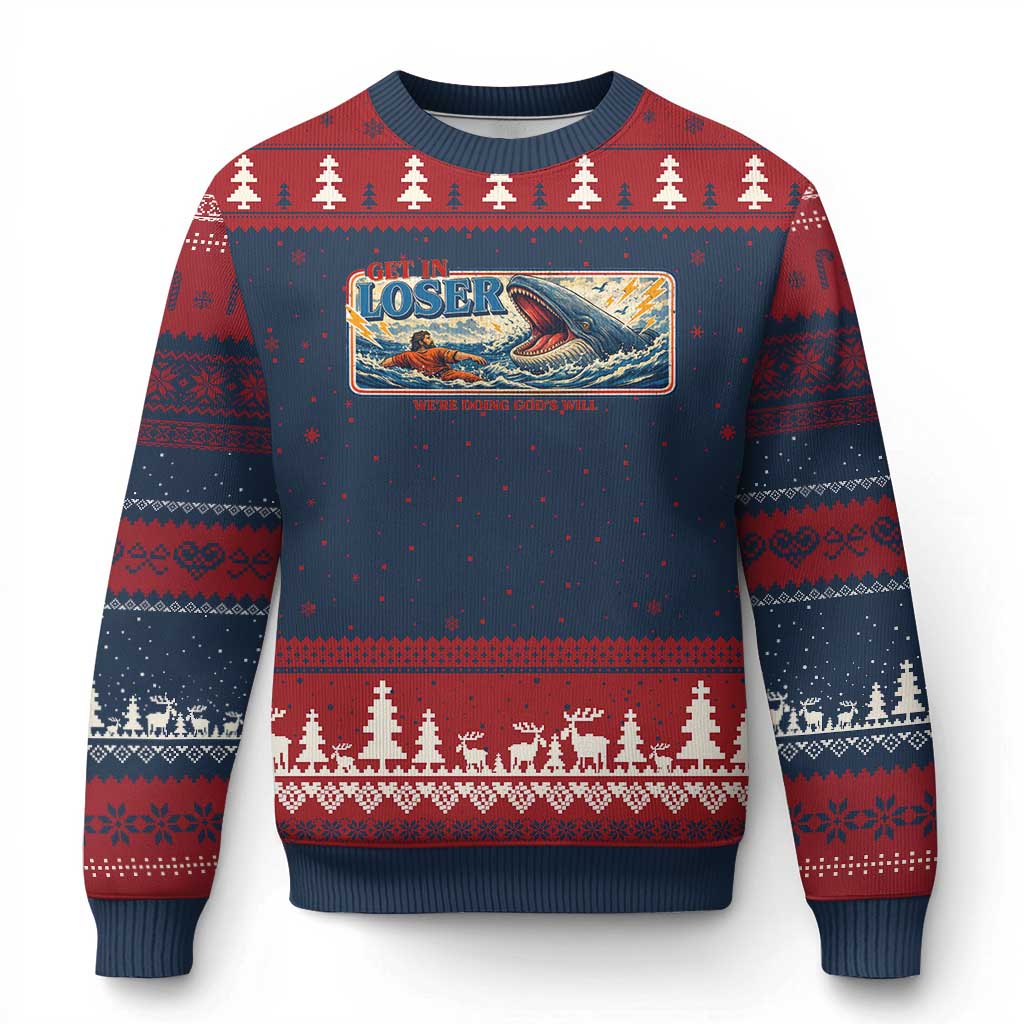 Funny Jonah And The Whale Ugly Christmas Sweater Christian Bible Get in Loser Were Doing Gods Will TS10 Navy Red Print Your Wear