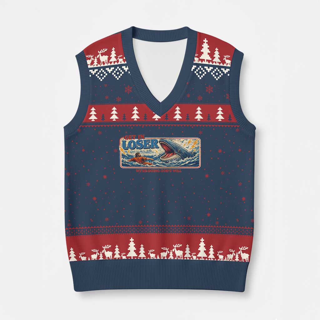 Funny Jonah And The Whale V-Neck Knit Sweater Vest Christian Bible Get in Loser Were Doing Gods Will TS10 Navy Red Print Your Wear