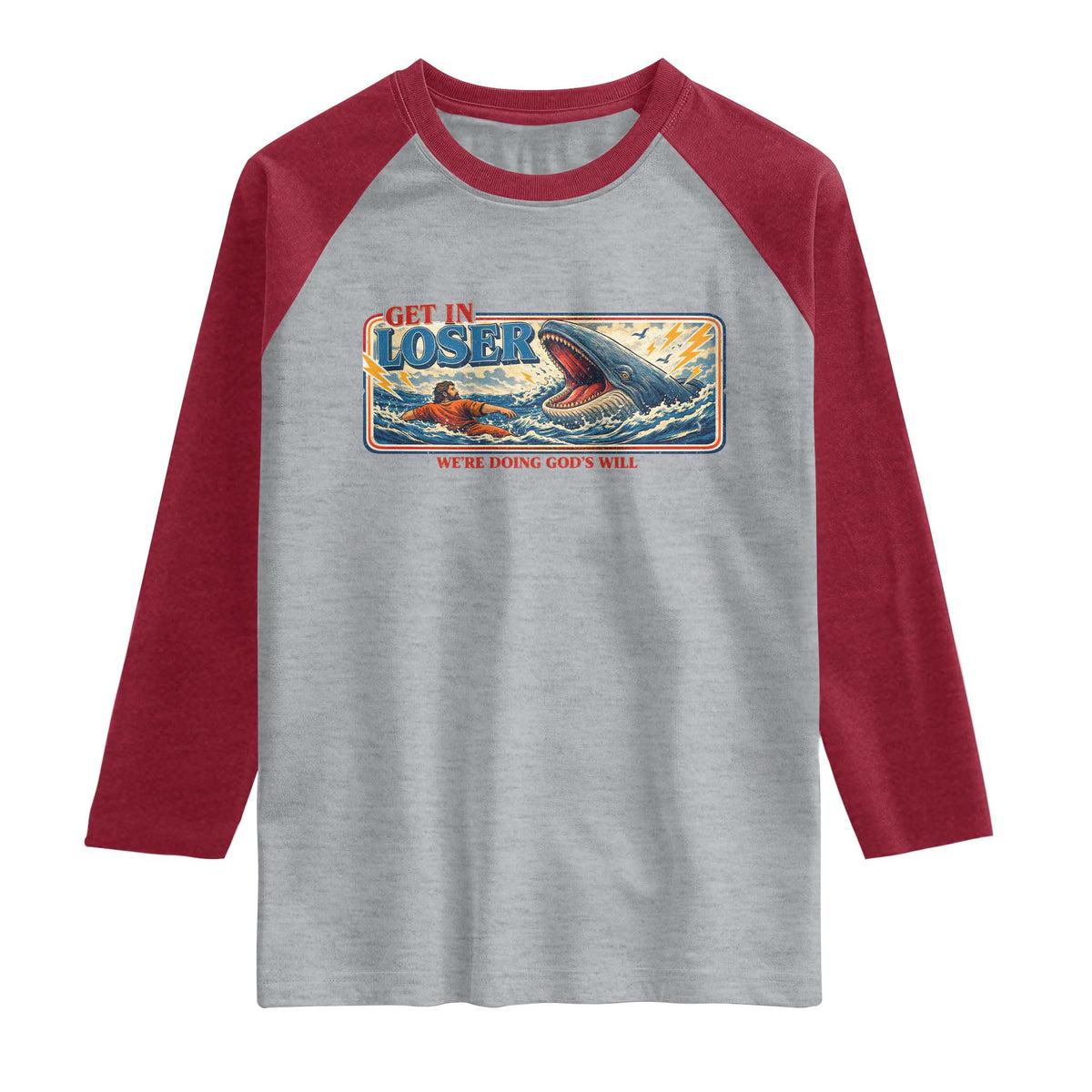 Funny Jonah And The Whale Raglan Shirt Christian Bible Get in Loser Were Doing Gods Will TS10 Heather Gray Heather Red Print Your Wear