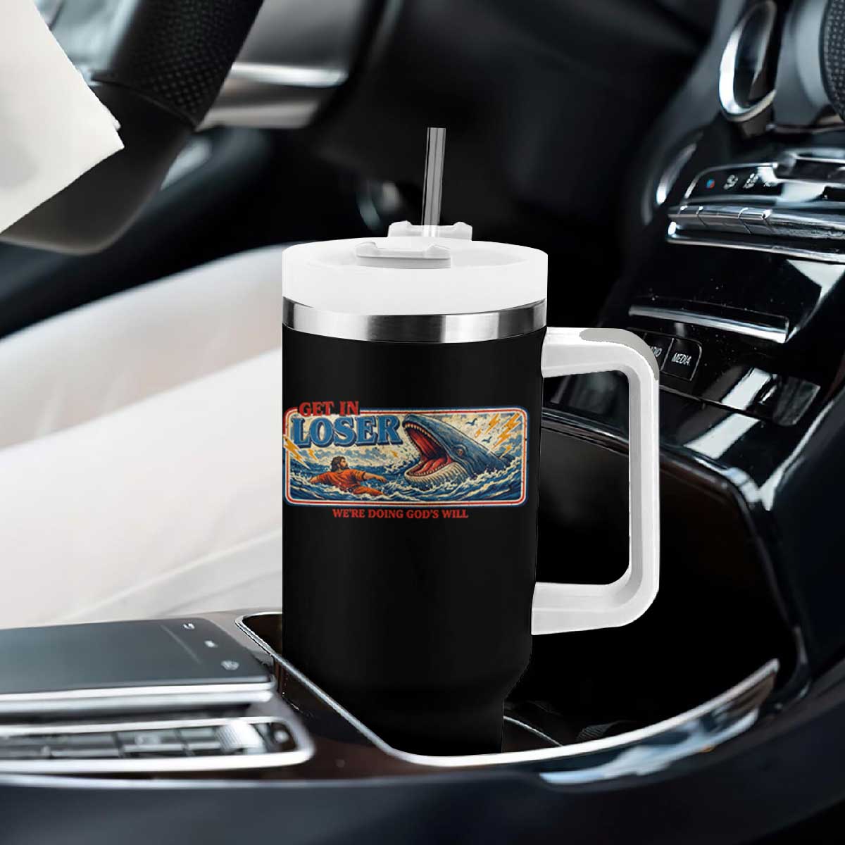 Funny Jonah And The Whale Tumbler With Handle Christian Bible Get in Loser Were Doing Gods Will TS10 Print Your Wear