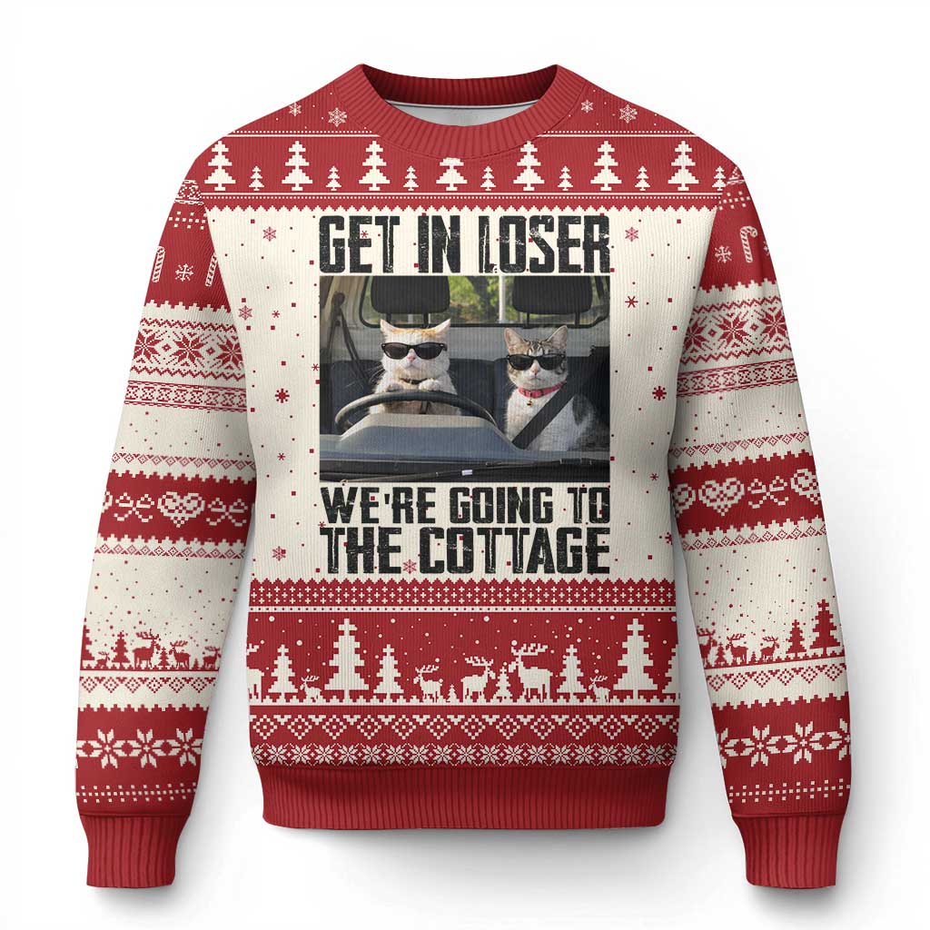 Get In Loser Were Going To The Cottage Ugly Christmas Sweater Funny Cat Gifts Internet Memes TS10 Beige Red Print Your Wear