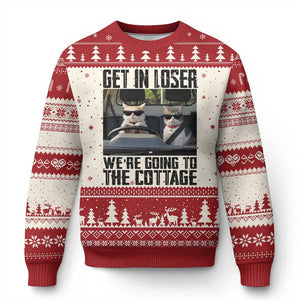 Get In Loser Were Going To The Cottage Ugly Christmas Sweater Funny Cat Gifts Internet Memes TS10 Beige Red Print Your Wear