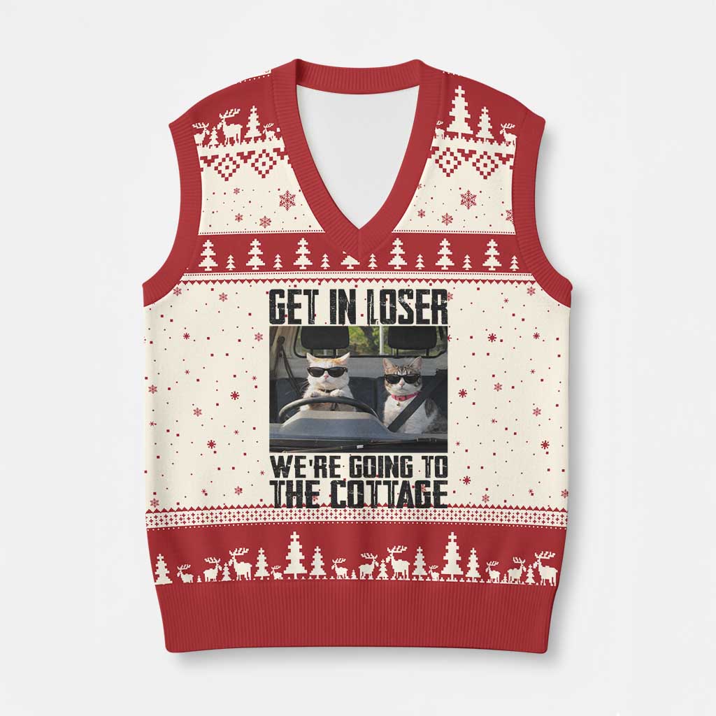 Get In Loser Were Going To The Cottage V-Neck Knit Sweater Vest Funny Cat Gifts Internet Memes TS10 Beige Red Print Your Wear