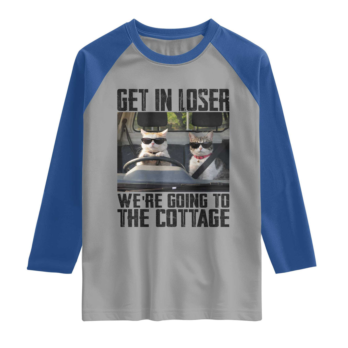 Get In Loser Were Going To The Cottage Raglan Shirt Funny Cat Gifts Internet Memes TS10 Sport Gray Royal Print Your Wear