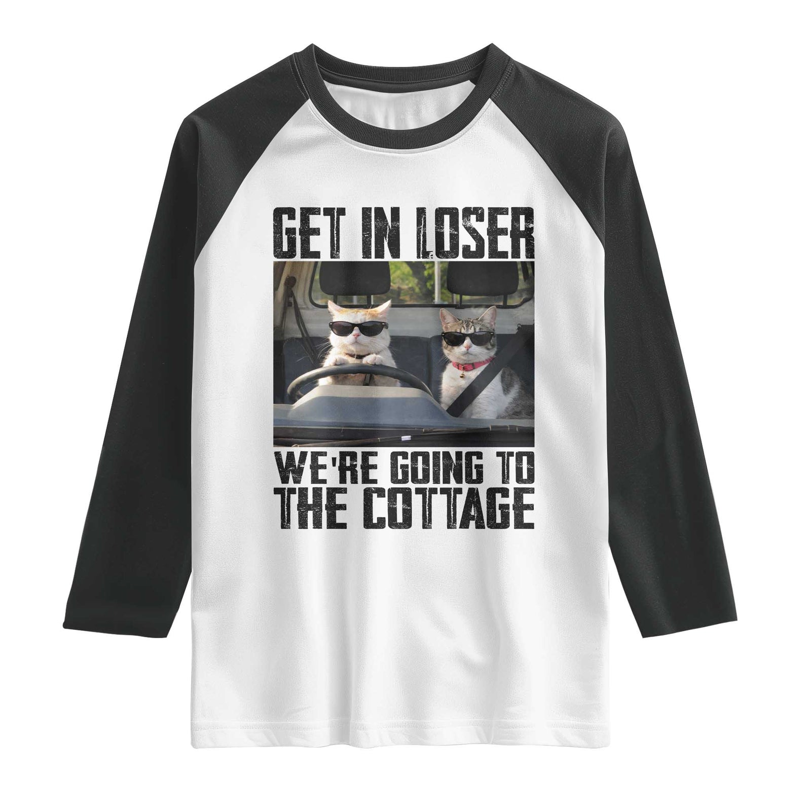 Get In Loser Were Going To The Cottage Raglan Shirt Funny Cat Gifts Internet Memes TS10 White Black Print Your Wear