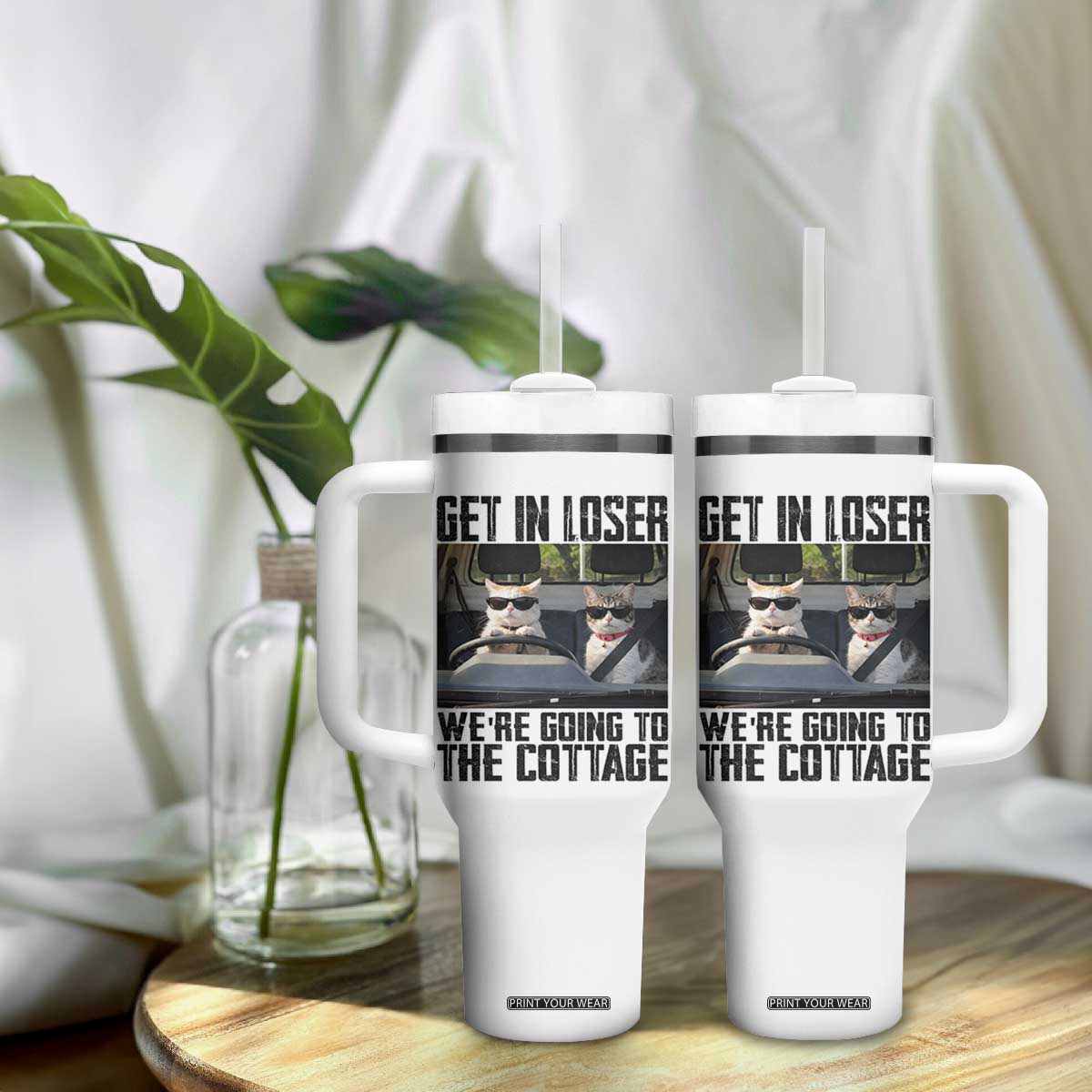 Get In Loser Were Going To The Cottage Tumbler With Handle Funny Cat Gifts Internet Memes TS10 Print Your Wear