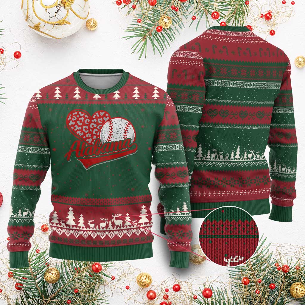 Alabama Fan Ugly Christmas Sweater AL Baseball Heart Graphic Sports Style 80s 90s TS10 Red Green Print Your Wear