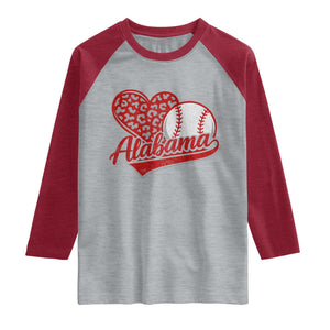 Alabama Fan Raglan Shirt AL Baseball Heart Graphic Sports Style 80s 90s TS10 Heather Gray Heather Red Print Your Wear
