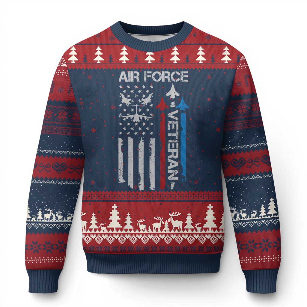 Air Force Veteran Ugly Christmas Sweater Distressed American Flag Retired Dad Grandpa TS10 Navy Red Print Your Wear