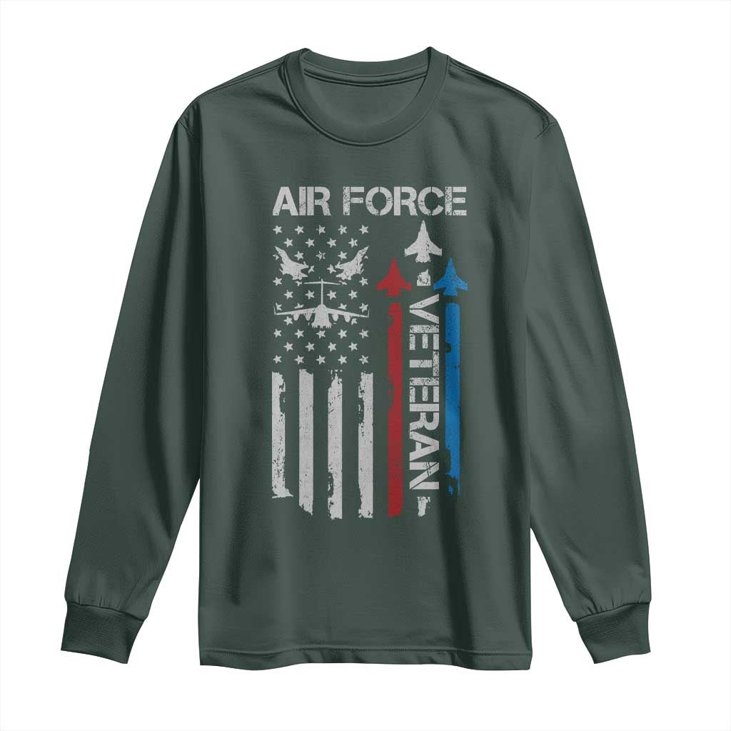 Air Force Veteran Long Sleeve Shirt Distressed American Flag Retired Dad Grandpa TS10 Dark Forest Green Print Your Wear