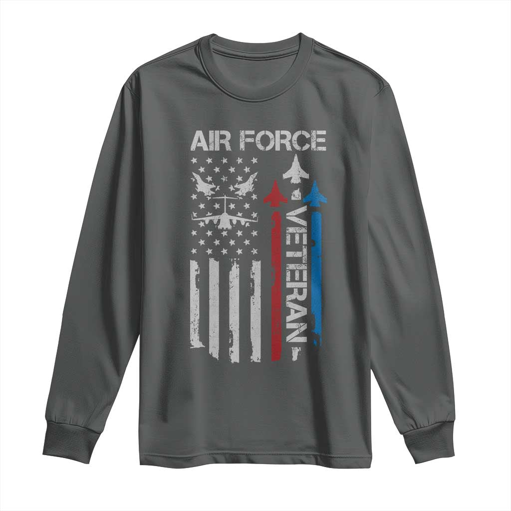 Air Force Veteran Long Sleeve Shirt Distressed American Flag Retired Dad Grandpa TS10 Dark Heather Print Your Wear