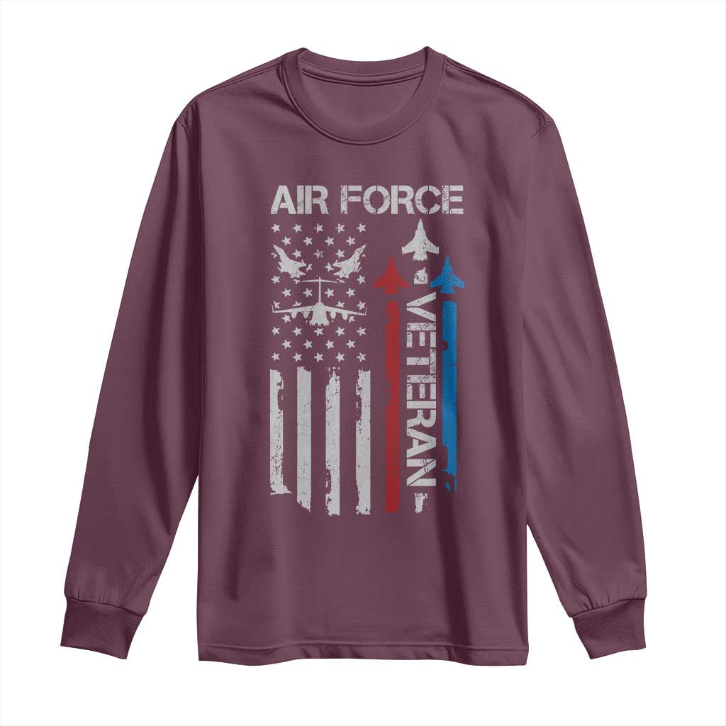 Air Force Veteran Long Sleeve Shirt Distressed American Flag Retired Dad Grandpa TS10 Maroon Print Your Wear