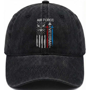 Air Force Veteran Washed Cotton Baseball Cap Distressed American Flag Retired Dad Grandpa TS10 Washed Cap Universal Fit Black Print Your Wear