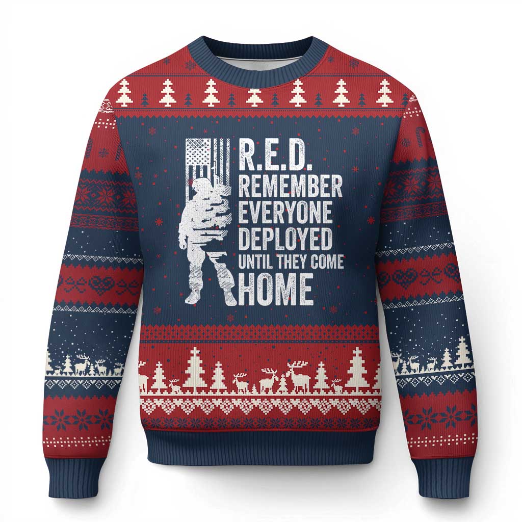 R.E.D Friday Ugly Christmas Sweater Remember Everyone Deployed American Flag Military Supportive - Print Your Wear