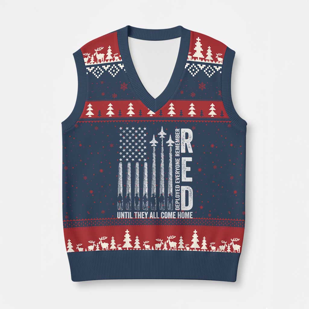 RED Friday Remember Everyone Deployed V-Neck Knit Sweater Vest Military American Flag - Print Your Wear