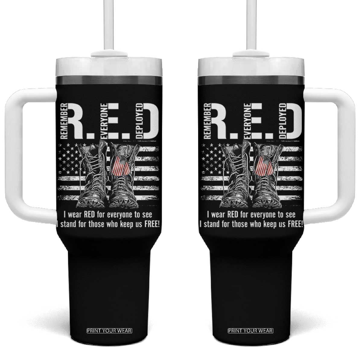 On Friday We Wear Red Military R.E.D Friday Tumbler With Handle American Flag TS10 One Size: 40 oz Black Print Your Wear