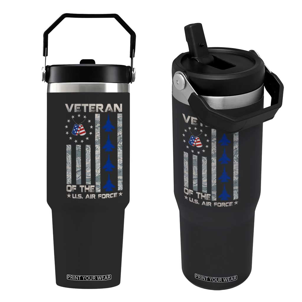 Veteran Of The US Air Force Flip Straw Tumbler Vintage Camo USA Flag Veterans TS10 One Size: 30 oz Black Print Your Wear