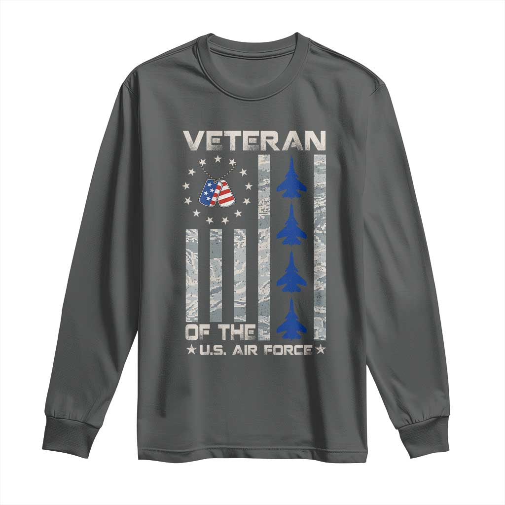 Veteran Of The US Air Force Long Sleeve Shirt Vintage Camo USA Flag Veterans TS10 Dark Heather Print Your Wear