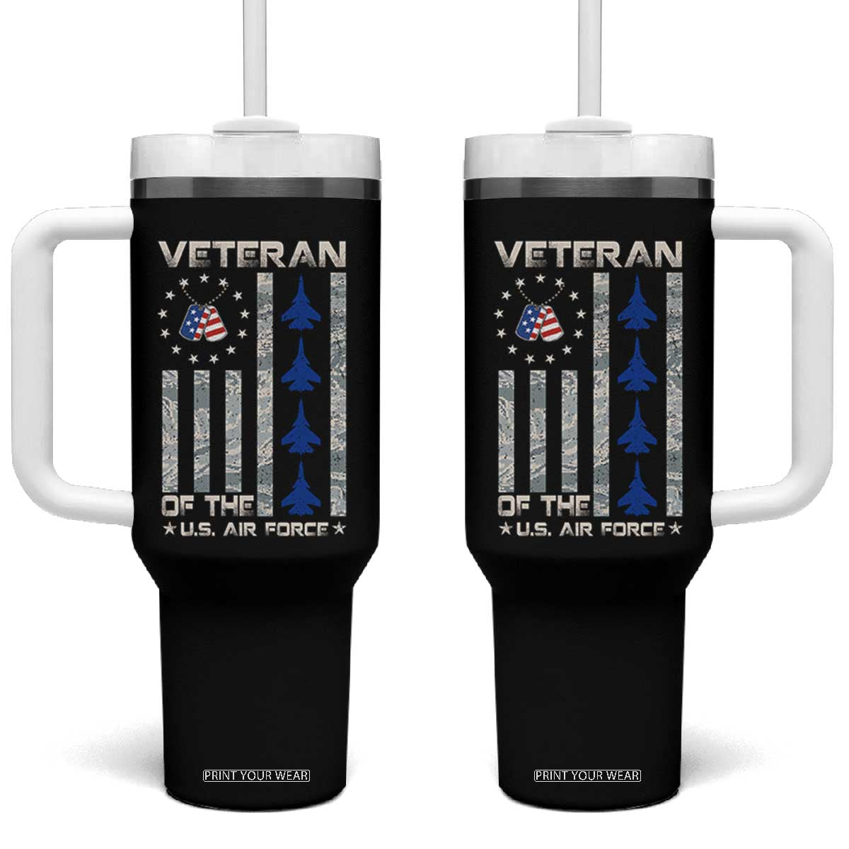 Veteran Of The US Air Force Tumbler With Handle Vintage Camo USA Flag Veterans TS10 One Size: 40 oz Black Print Your Wear