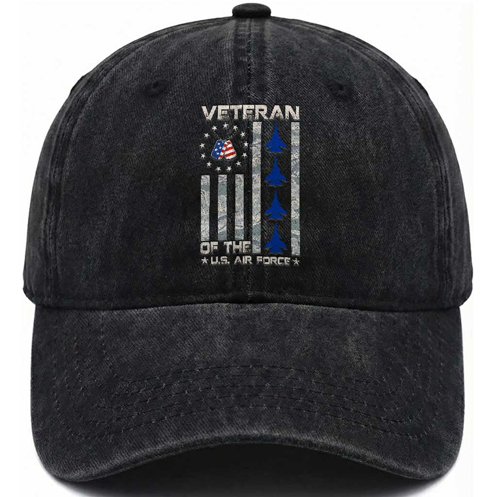 Veteran Of The US Air Force Washed Cotton Baseball Cap Vintage Camo USA Flag Veterans TS10 Washed Cap Universal Fit Black Print Your Wear