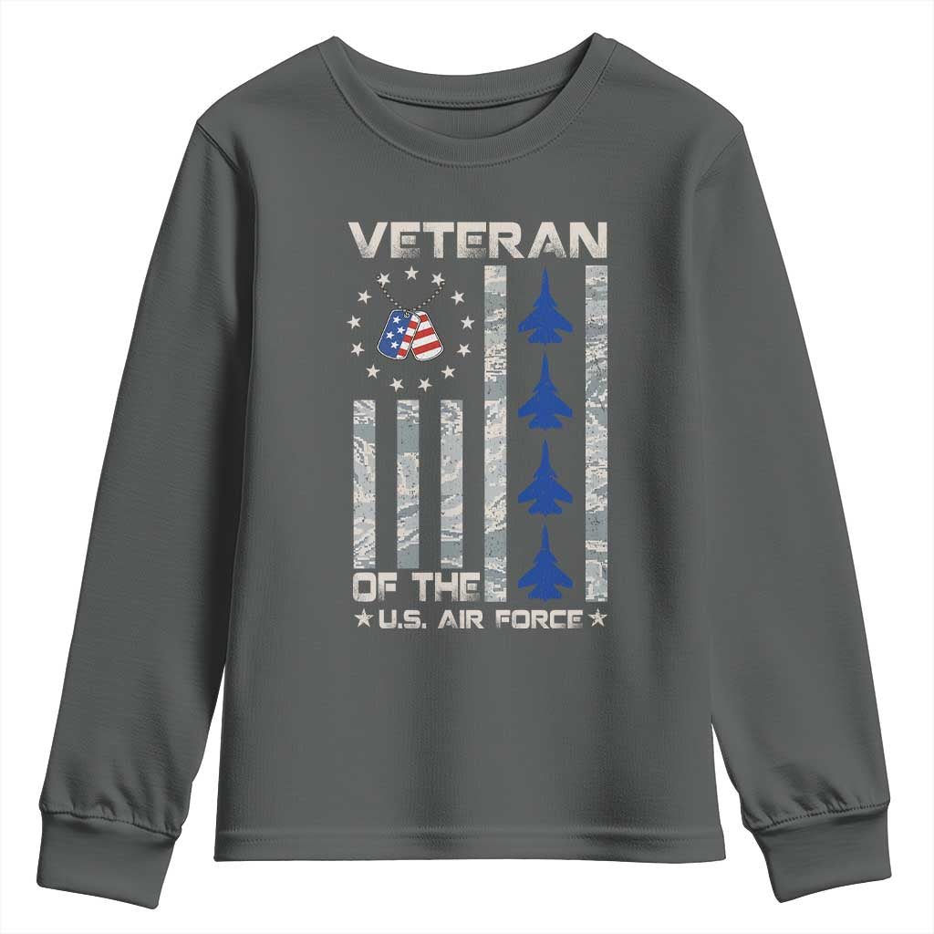 Veteran Of The US Air Force Youth Sweatshirt Vintage Camo USA Flag Veterans TS10 Dark Heather Print Your Wear