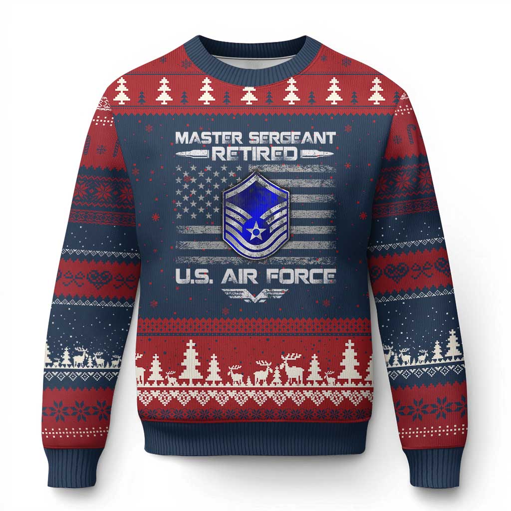 Retired Master Sergeant Of The Air Force Veteran Ugly Christmas Sweater Vintage USA Flag Veterans TS10 Navy Red Print Your Wear