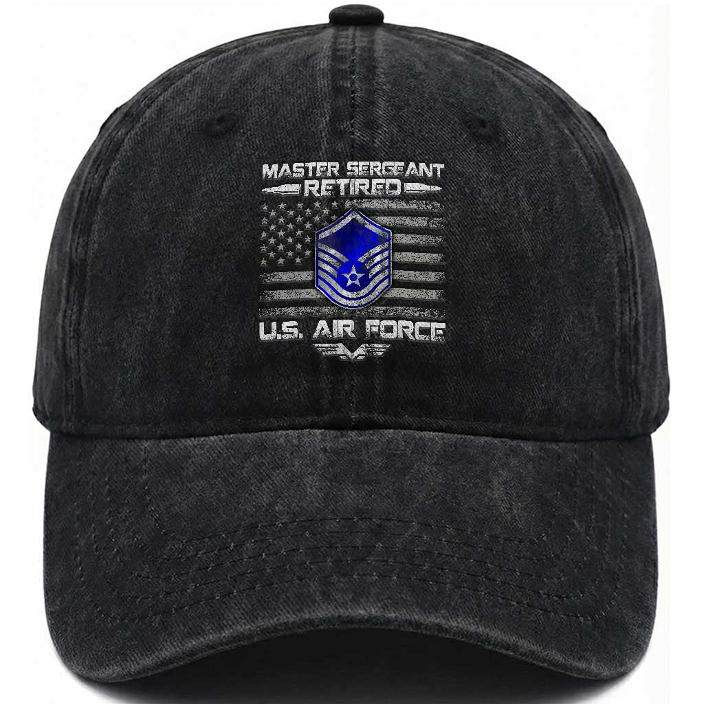 Retired Master Sergeant Of The Air Force Veteran Washed Cotton Baseball Cap Vintage USA Flag Veterans TS10 Washed Cap Universal Fit Black Print Your Wear