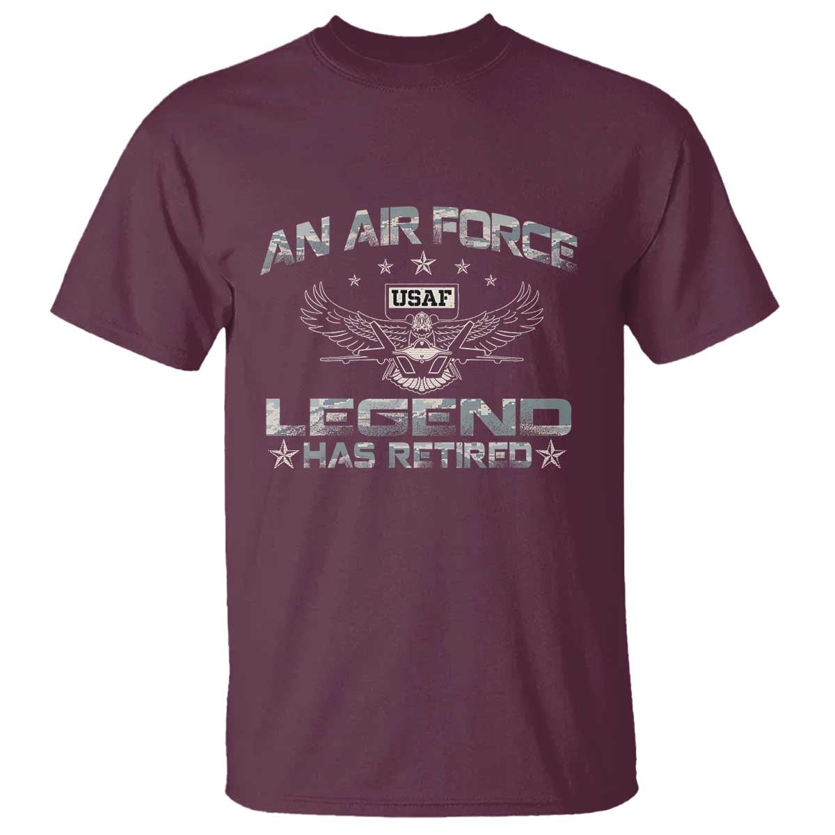 An Air Force Legend Has Retired T Shirt Vintage Camo US Veteran TS10 Maroon Print Your Wear