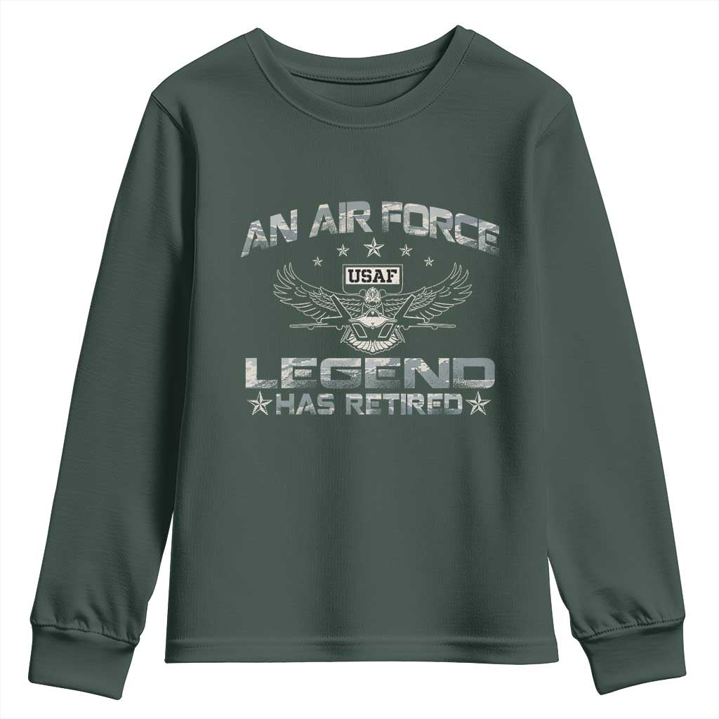 An Air Force Legend Has Retired Youth Sweatshirt Vintage Camo US Veteran TS10 Dark Forest Green Print Your Wear