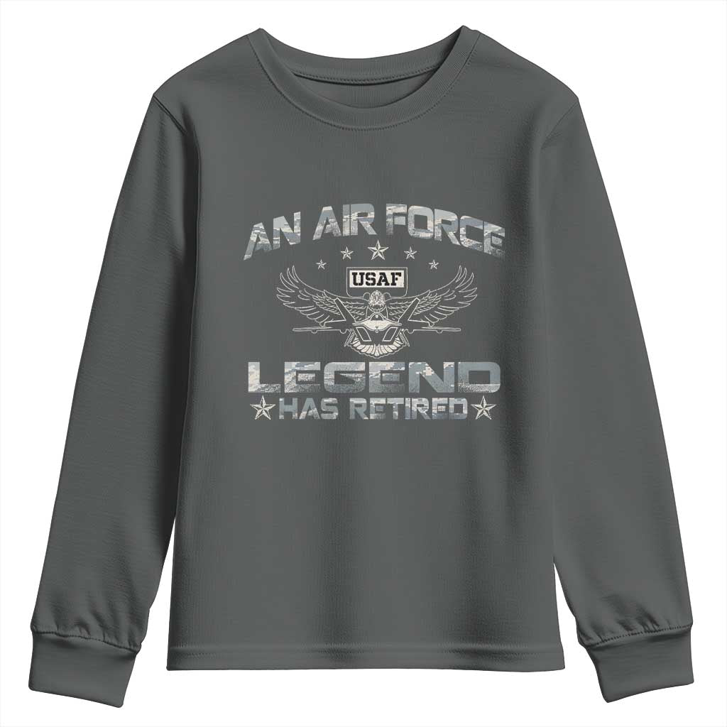 An Air Force Legend Has Retired Youth Sweatshirt Vintage Camo US Veteran TS10 Dark Heather Print Your Wear