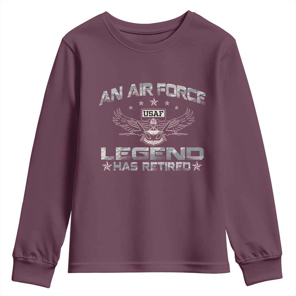 An Air Force Legend Has Retired Youth Sweatshirt Vintage Camo US Veteran TS10 Maroon Print Your Wear