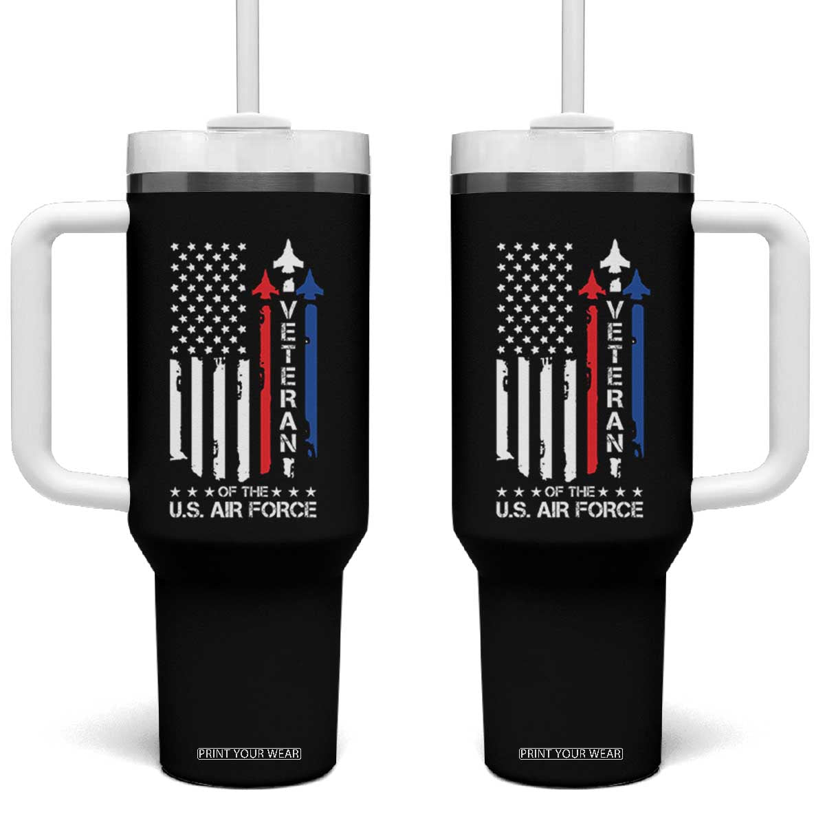 Air Force Veteran Tumbler With Handle Vintage US Flag TS10 One Size: 40 oz Black Print Your Wear