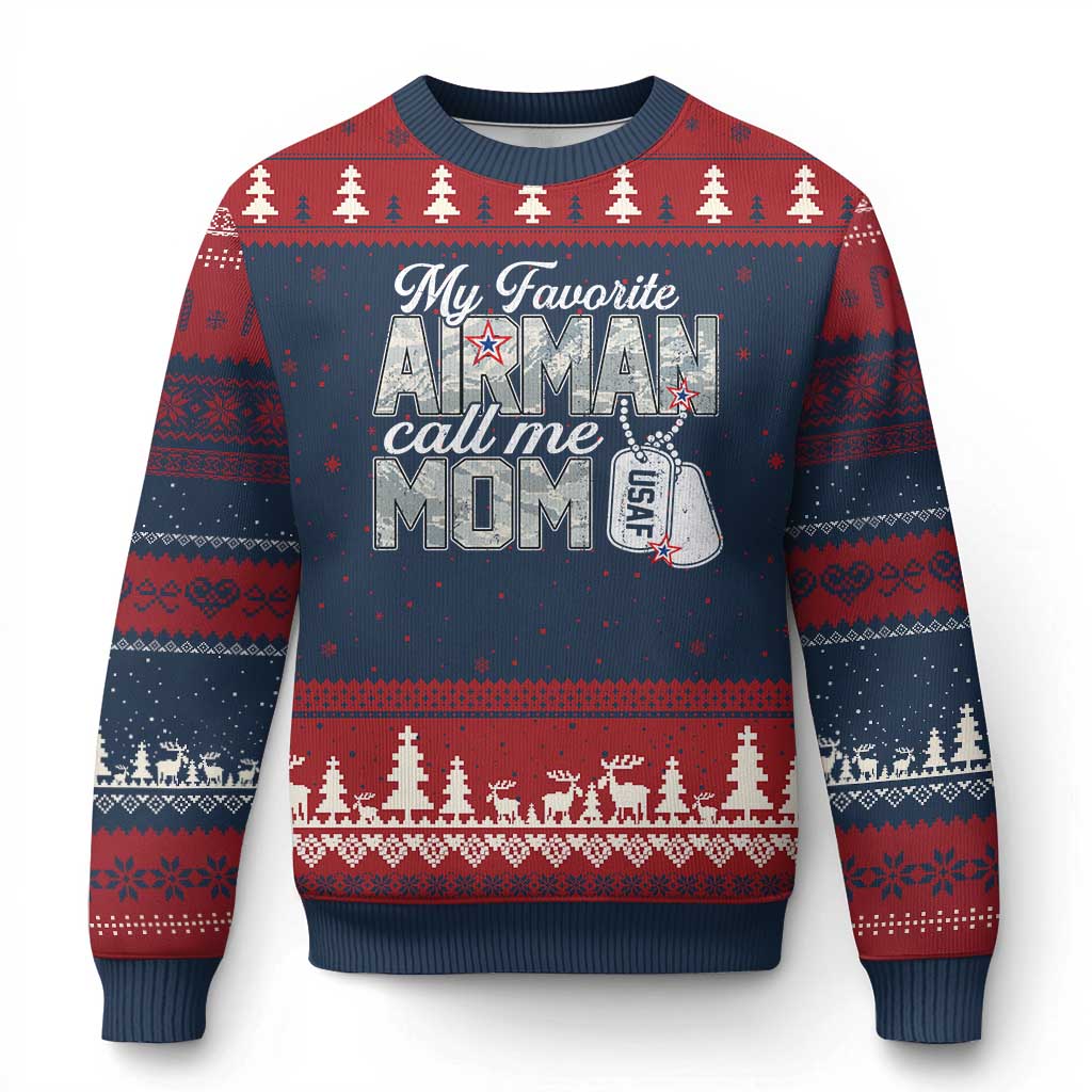 Proud Air Force Family Ugly Christmas Sweater My Favorite Airman Calls Me Mom TS10 Navy Red Print Your Wear