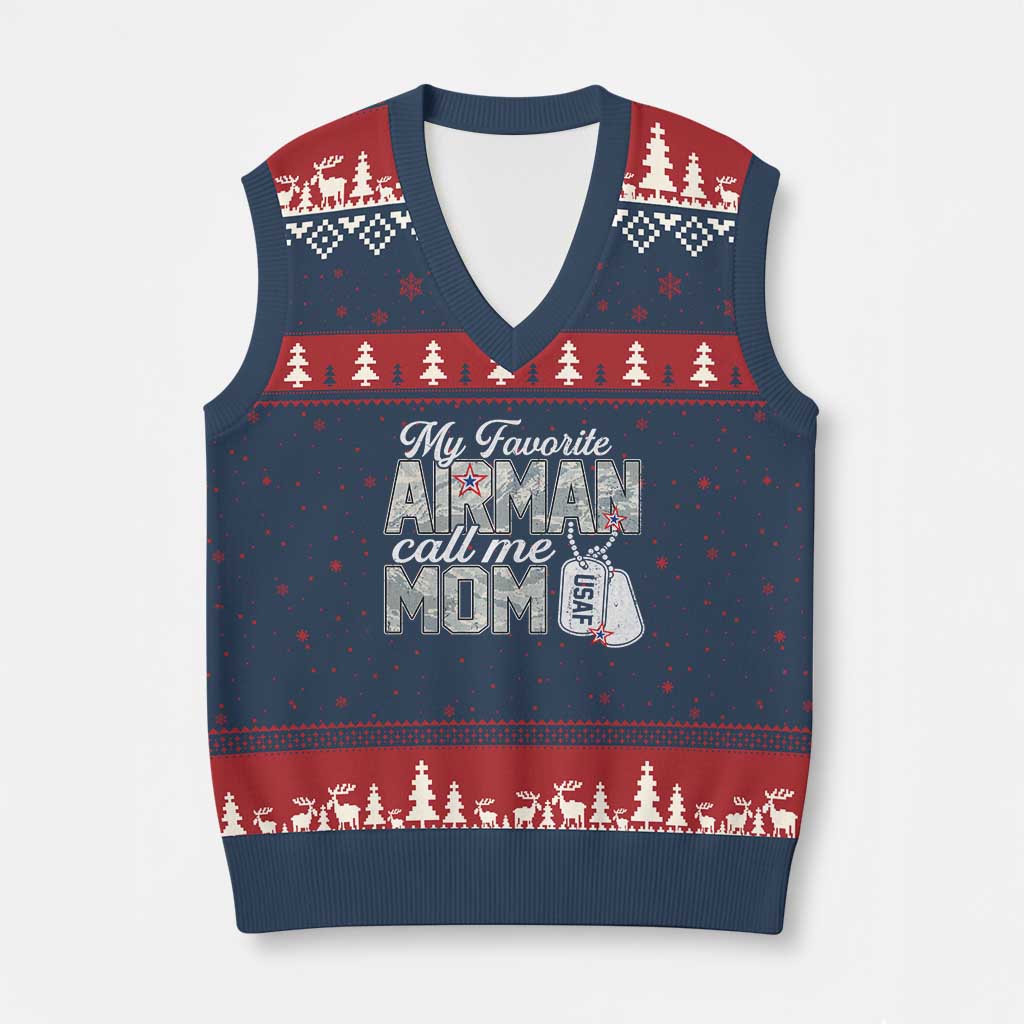 Proud Air Force Family V-Neck Knit Sweater Vest My Favorite Airman Calls Me Mom TS10 Navy Red Print Your Wear