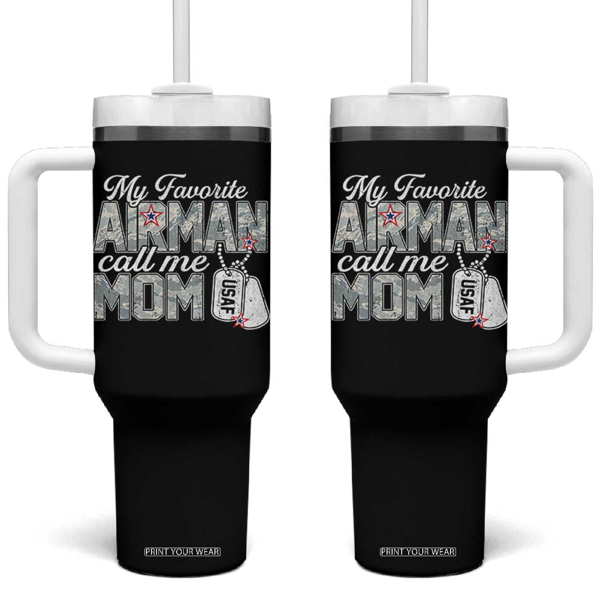 Proud Air Force Family Tumbler With Handle My Favorite Airman Calls Me Mom TS10 One Size: 40 oz Black Print Your Wear
