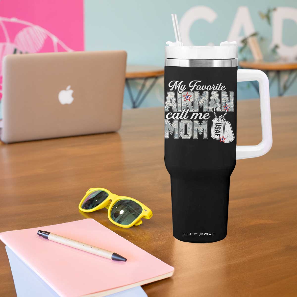 Proud Air Force Family Tumbler With Handle My Favorite Airman Calls Me Mom TS10 Print Your Wear