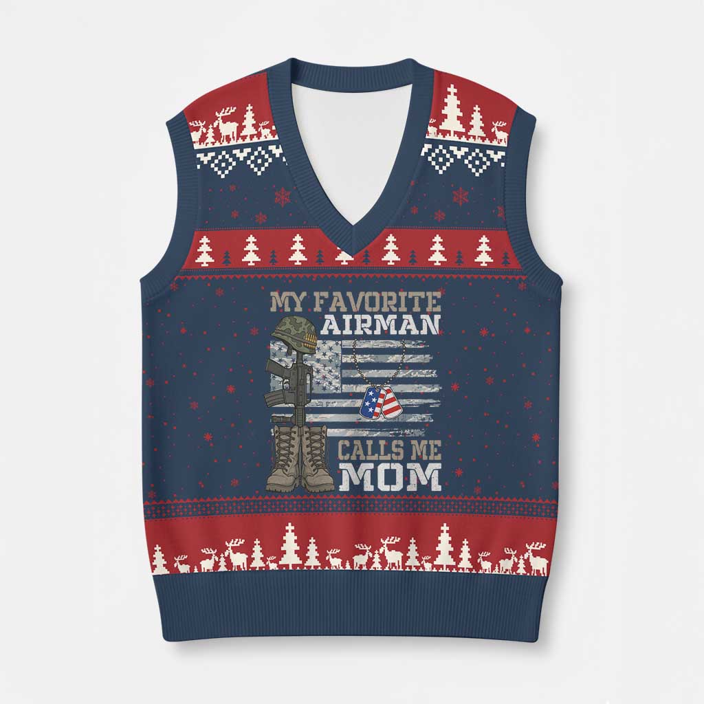 Proud Air Force Mom V-Neck Knit Sweater Vest My Favorite Airman Military Family Camo US Flag TS10 Navy Red Print Your Wear