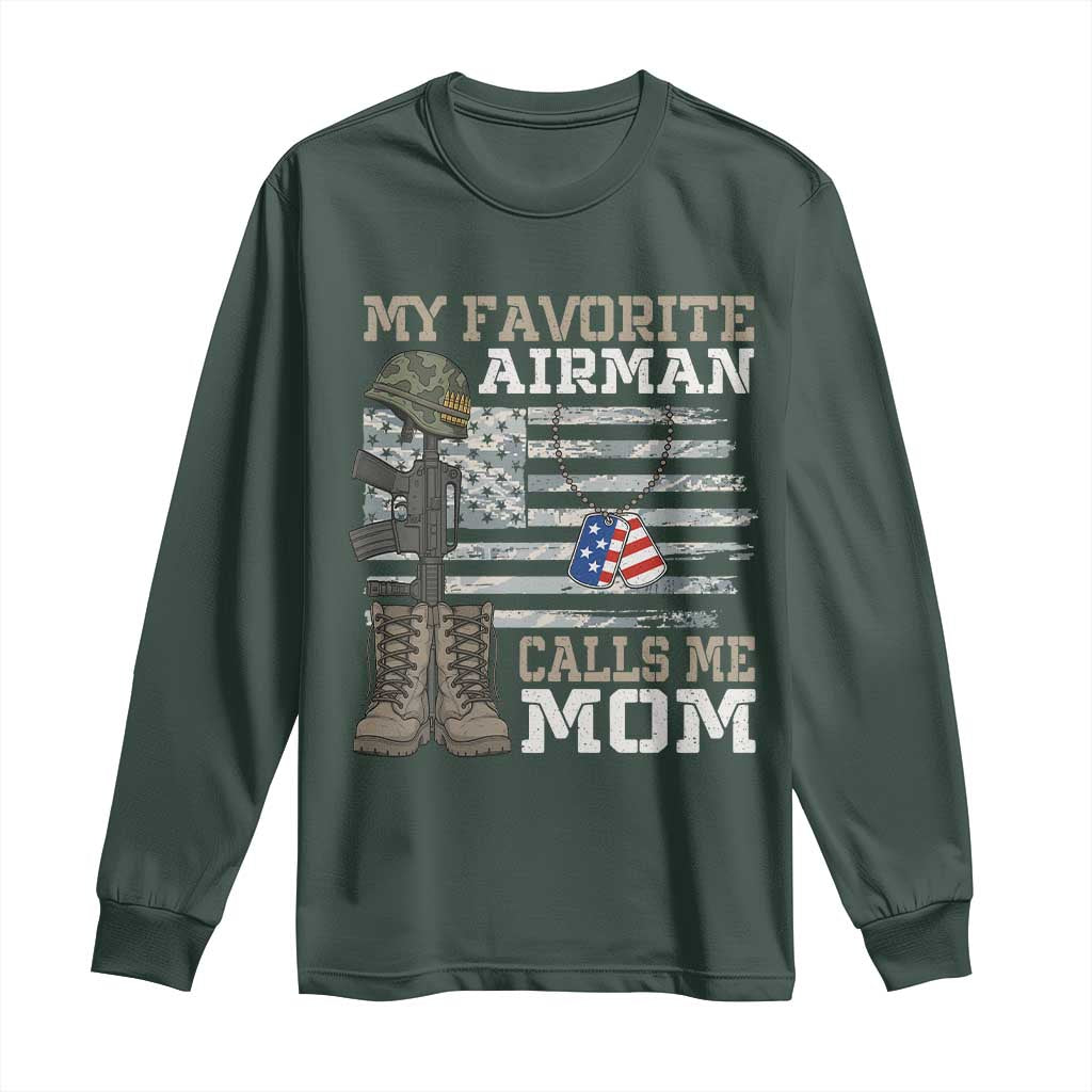 Proud Air Force Mom Long Sleeve Shirt My Favorite Airman Military Family Camo US Flag TS10 Dark Forest Green Print Your Wear