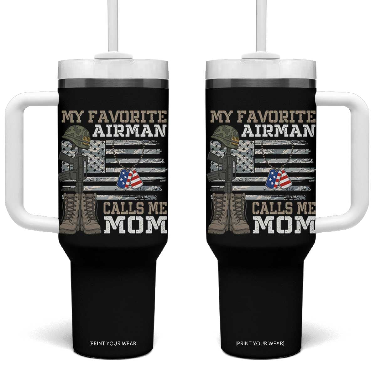 Proud Air Force Mom Tumbler With Handle My Favorite Airman Military Family Camo US Flag TS10 One Size: 40 oz Black Print Your Wear