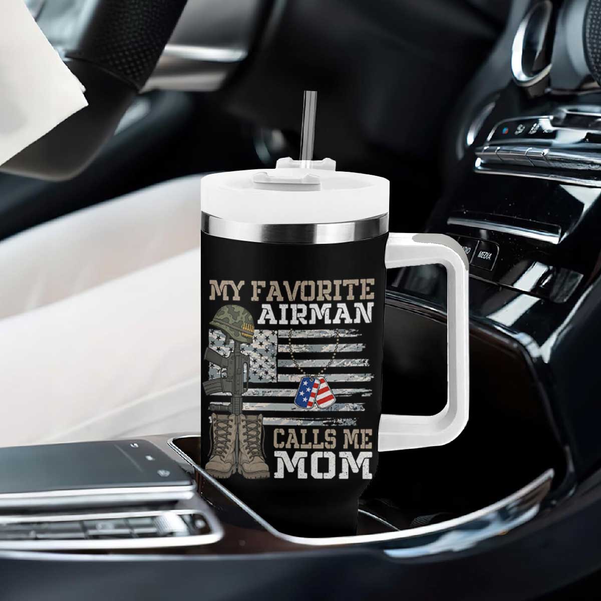 Proud Air Force Mom Tumbler With Handle My Favorite Airman Military Family Camo US Flag TS10 Print Your Wear