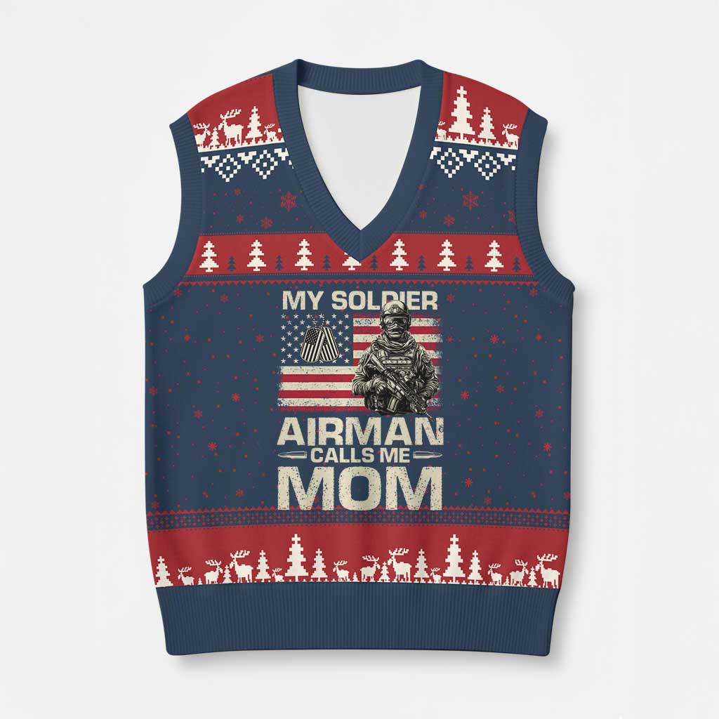 Proud Air Force Mom V-Neck Knit Sweater Vest My Soldier Airman Calls Me Mom US Flag TS10 Navy Red Print Your Wear