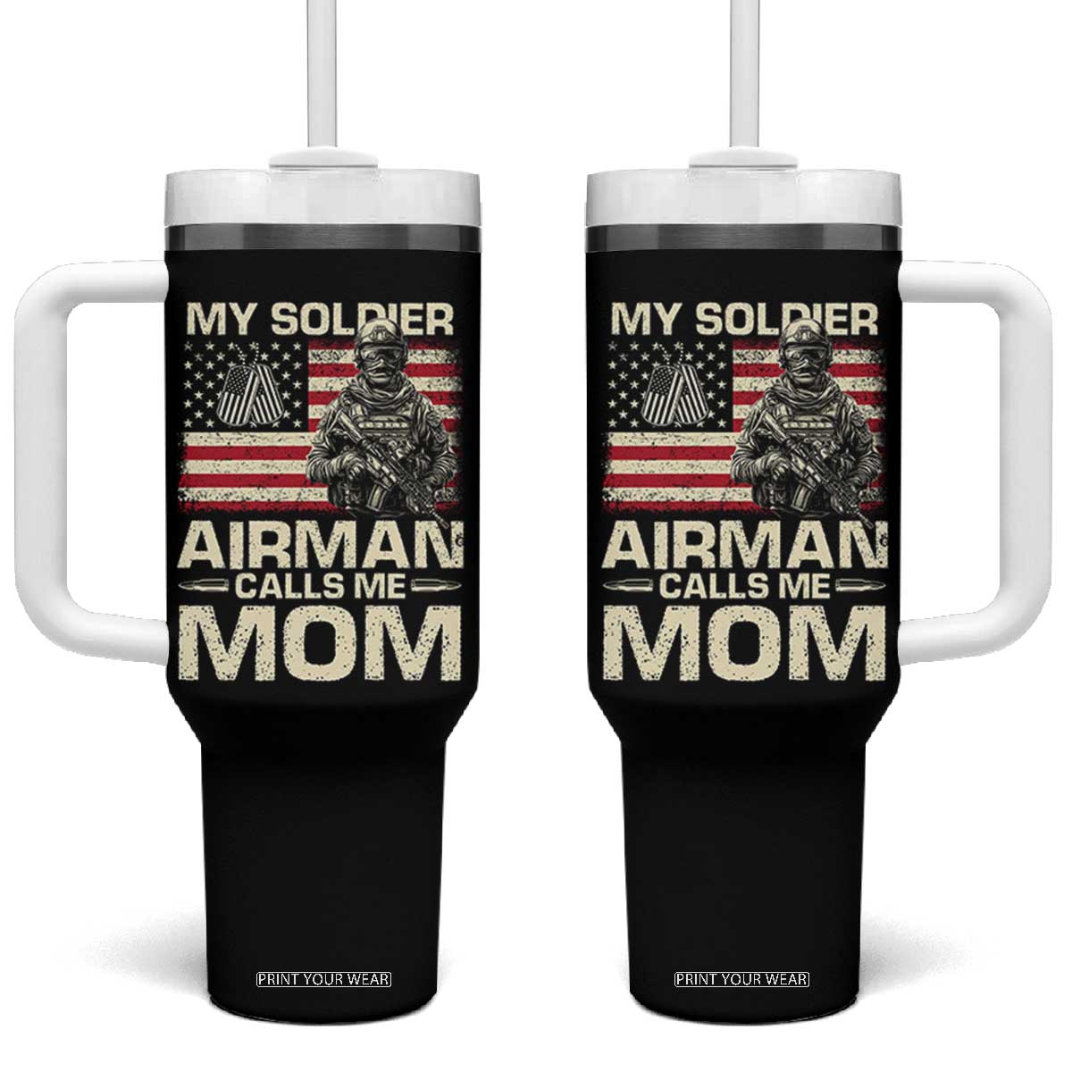 Proud Air Force Mom Tumbler With Handle My Soldier Airman Calls Me Mom US Flag TS10 One Size: 40 oz Black Print Your Wear