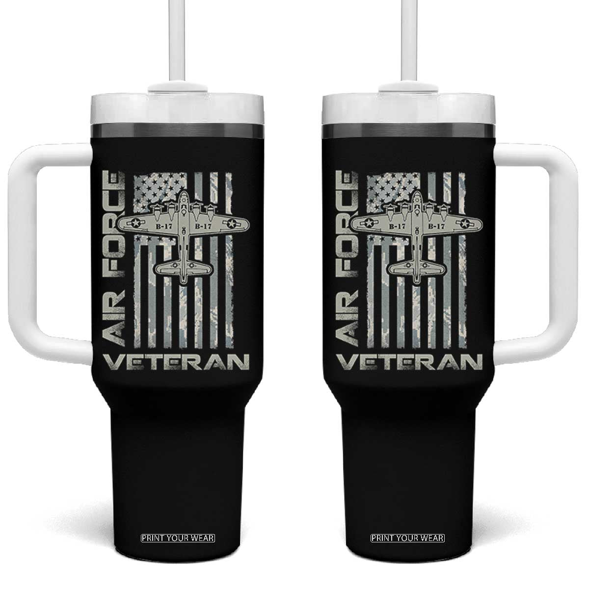Air Force Veteran Tumbler With Handle Vintage Camo USA Flag Veterans TS10 One Size: 40 oz Black Print Your Wear