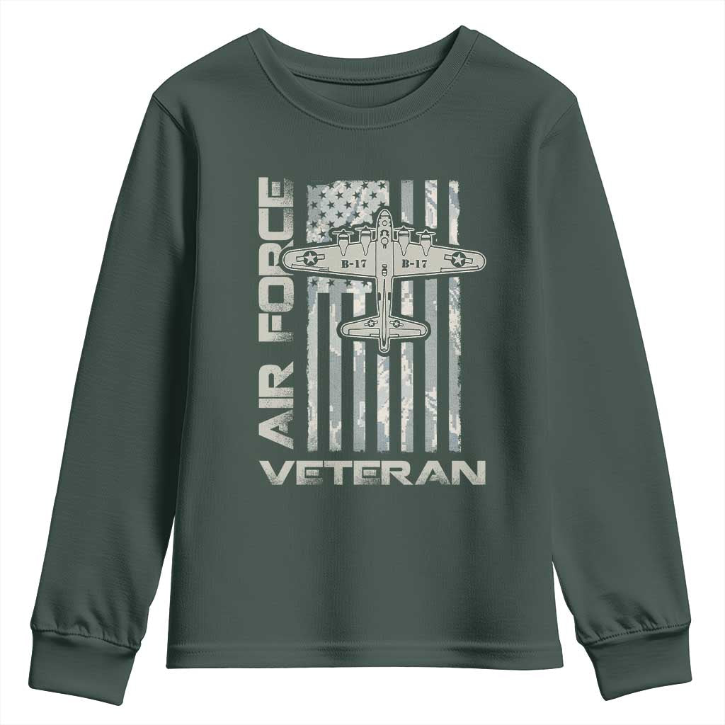 Air Force Veteran Youth Sweatshirt Vintage Camo USA Flag Veterans TS10 Dark Forest Green Print Your Wear