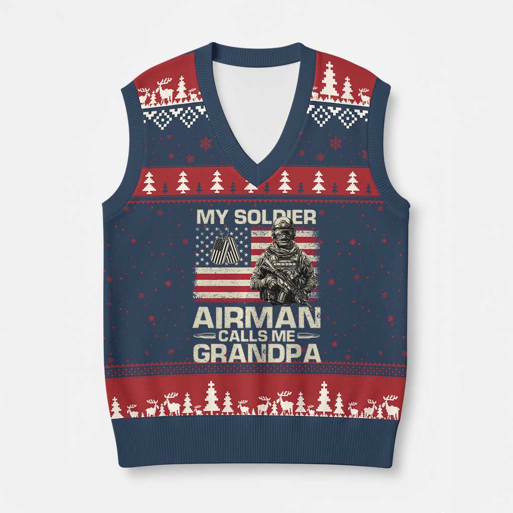 Proud Air Force Grandpa V-Neck Knit Sweater Vest My Soldier Airman Calls Me Grandpa US Flag TS10 Navy Red Print Your Wear