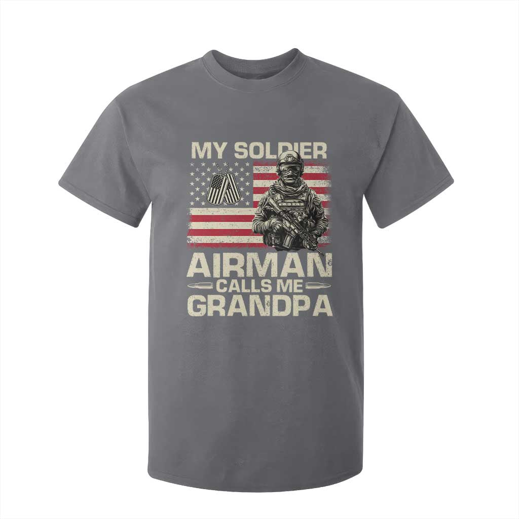 Proud Air Force Grandpa T Shirt For Kid My Soldier Airman Calls Me Grandpa US Flag TS10 Charcoal Print Your Wear