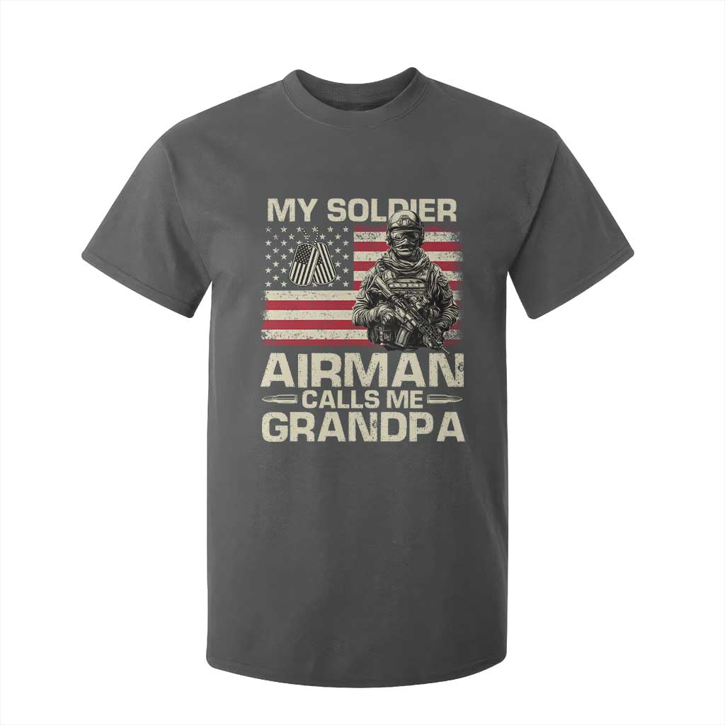 Proud Air Force Grandpa T Shirt For Kid My Soldier Airman Calls Me Grandpa US Flag TS10 Dark Heather Print Your Wear