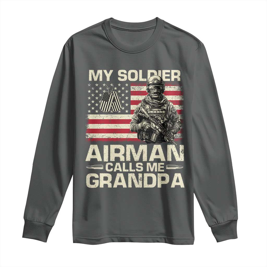Proud Air Force Grandpa Long Sleeve Shirt My Soldier Airman Calls Me Grandpa US Flag TS10 Dark Heather Print Your Wear