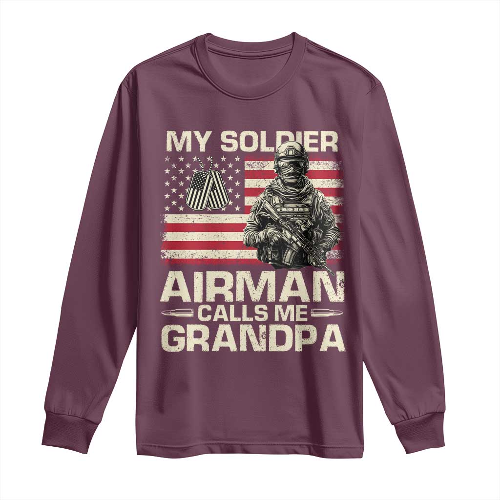 Proud Air Force Grandpa Long Sleeve Shirt My Soldier Airman Calls Me Grandpa US Flag TS10 Maroon Print Your Wear