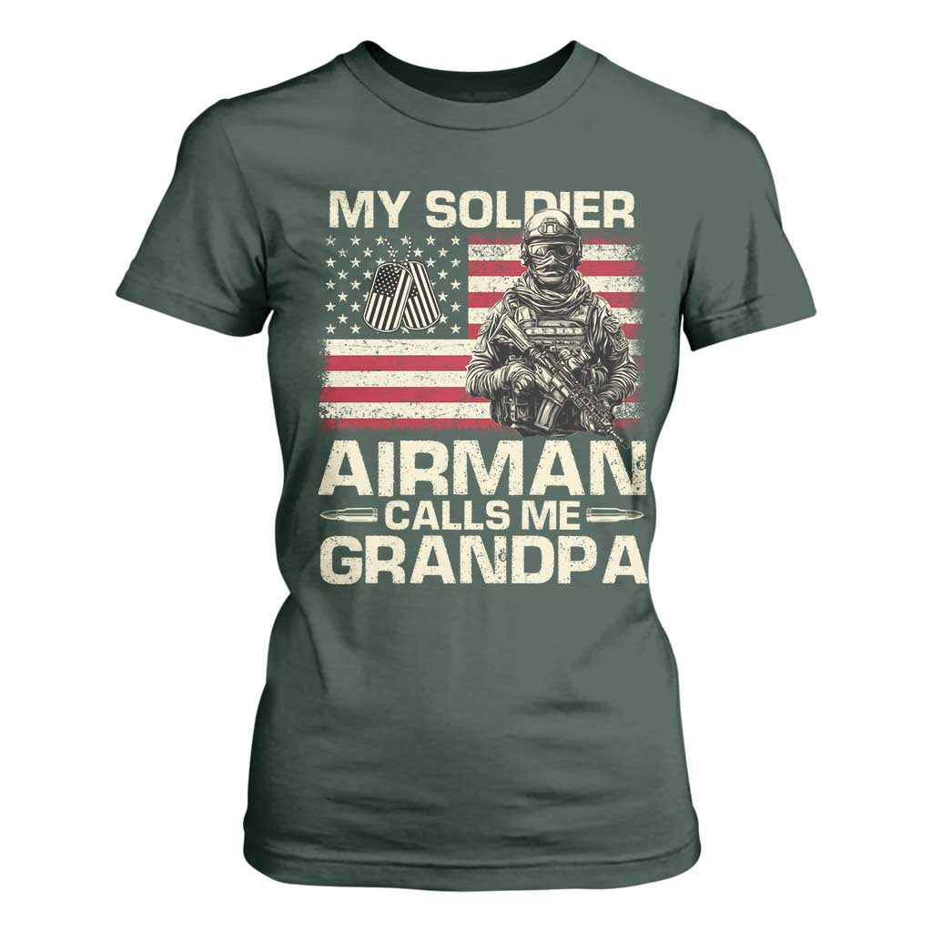 Proud Air Force Grandpa T Shirt For Women My Soldier Airman Calls Me Grandpa US Flag TS10 Dark Forest Green Print Your Wear